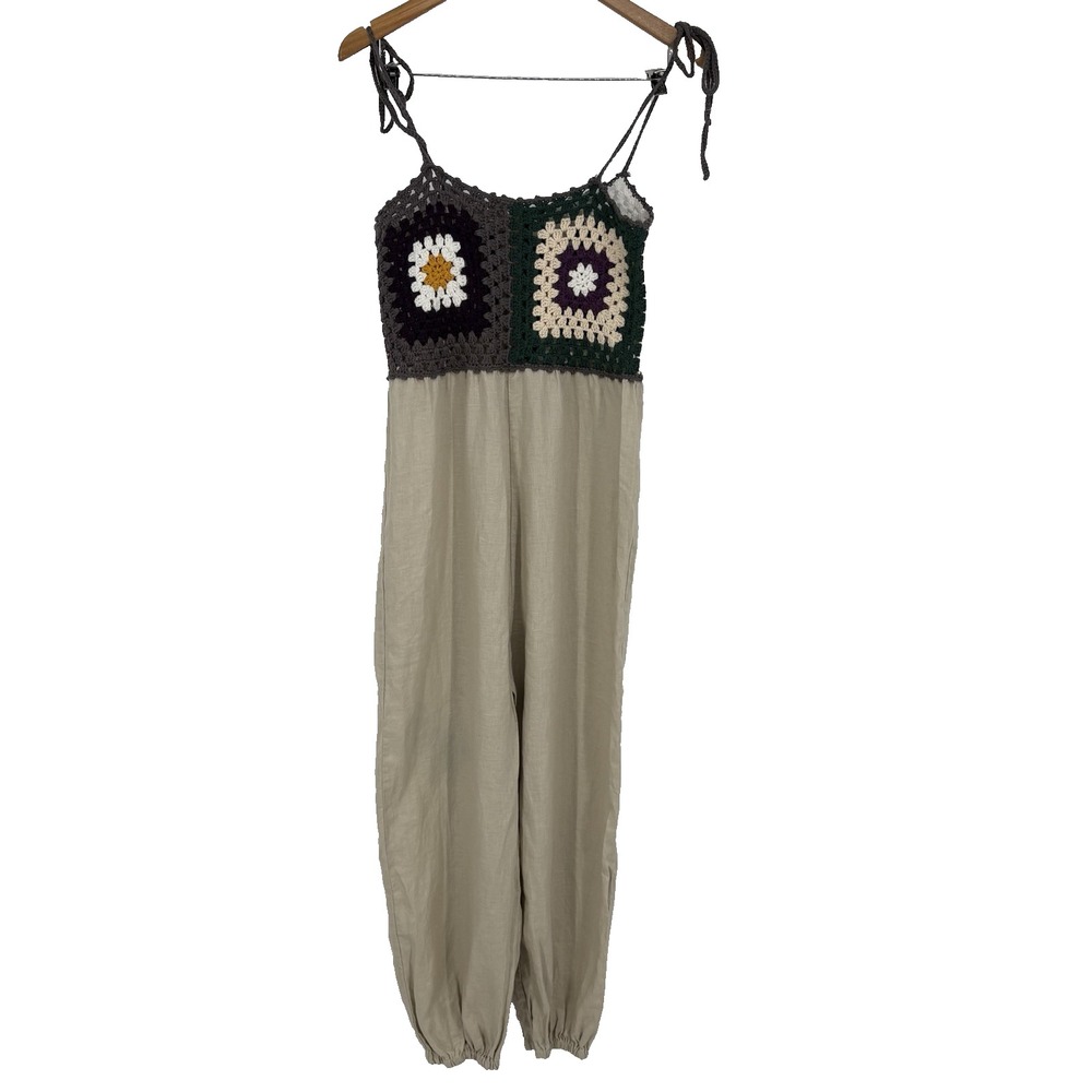 Zara Womens Crochet Linen Harem‎ Pant Jumpsuit M Granny Square Boho Festival